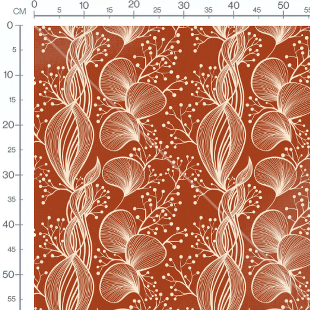 Tissu - Feuillages blancs sur fond rouille