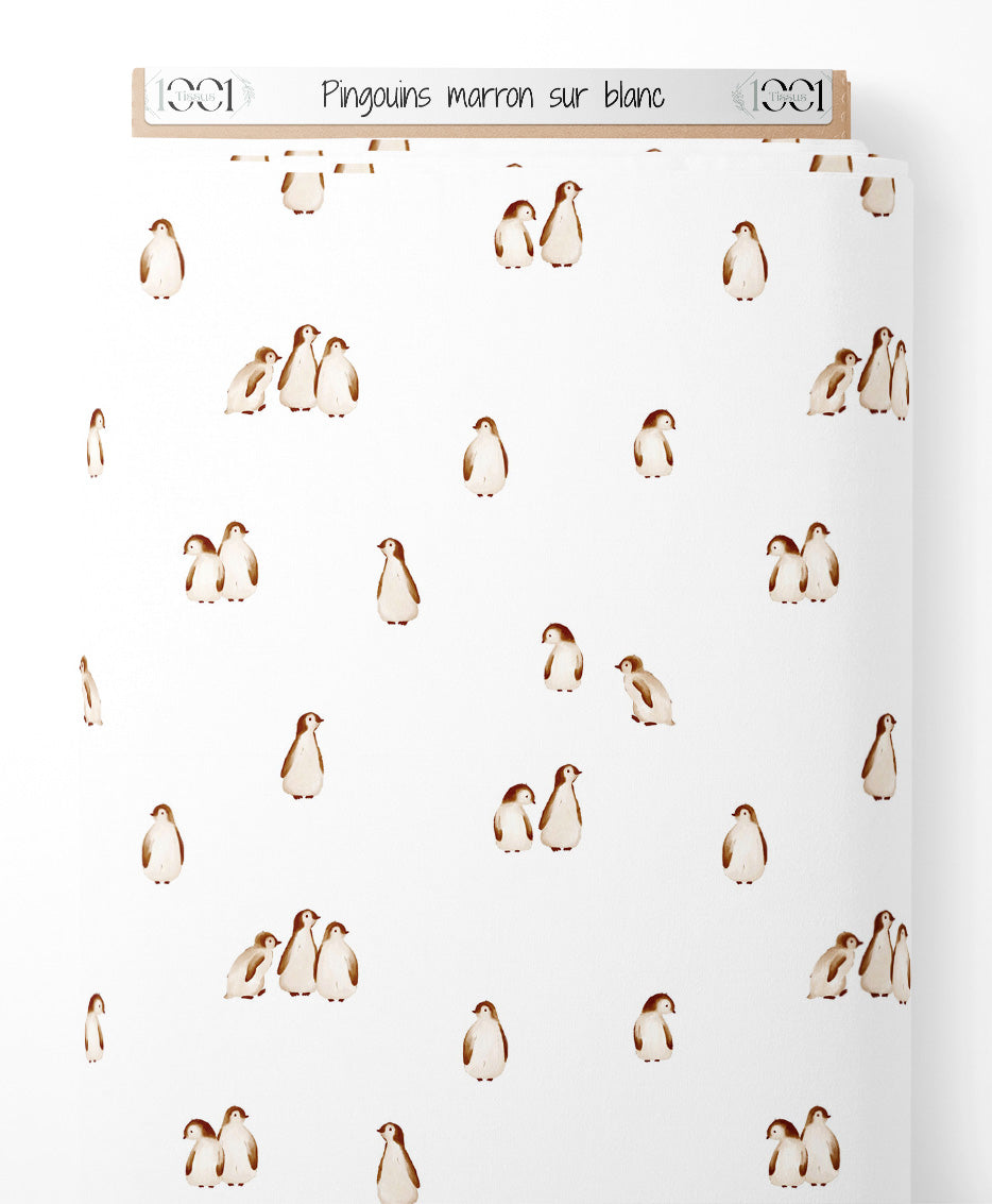 Tissu - Pingouins marron sur blanc