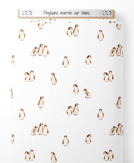 Tissu - Pingouins marron sur blanc