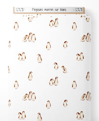 Tissu - Pingouins marron sur blanc