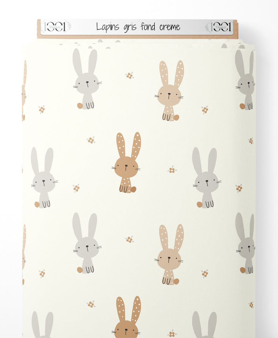 Tissu - Lapins gris sur fond crème