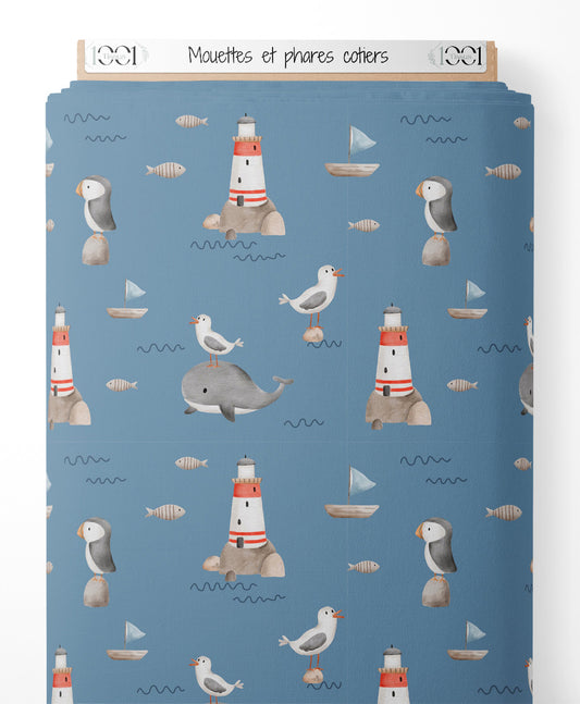 Tissu - Mouettes et phares côtiers
