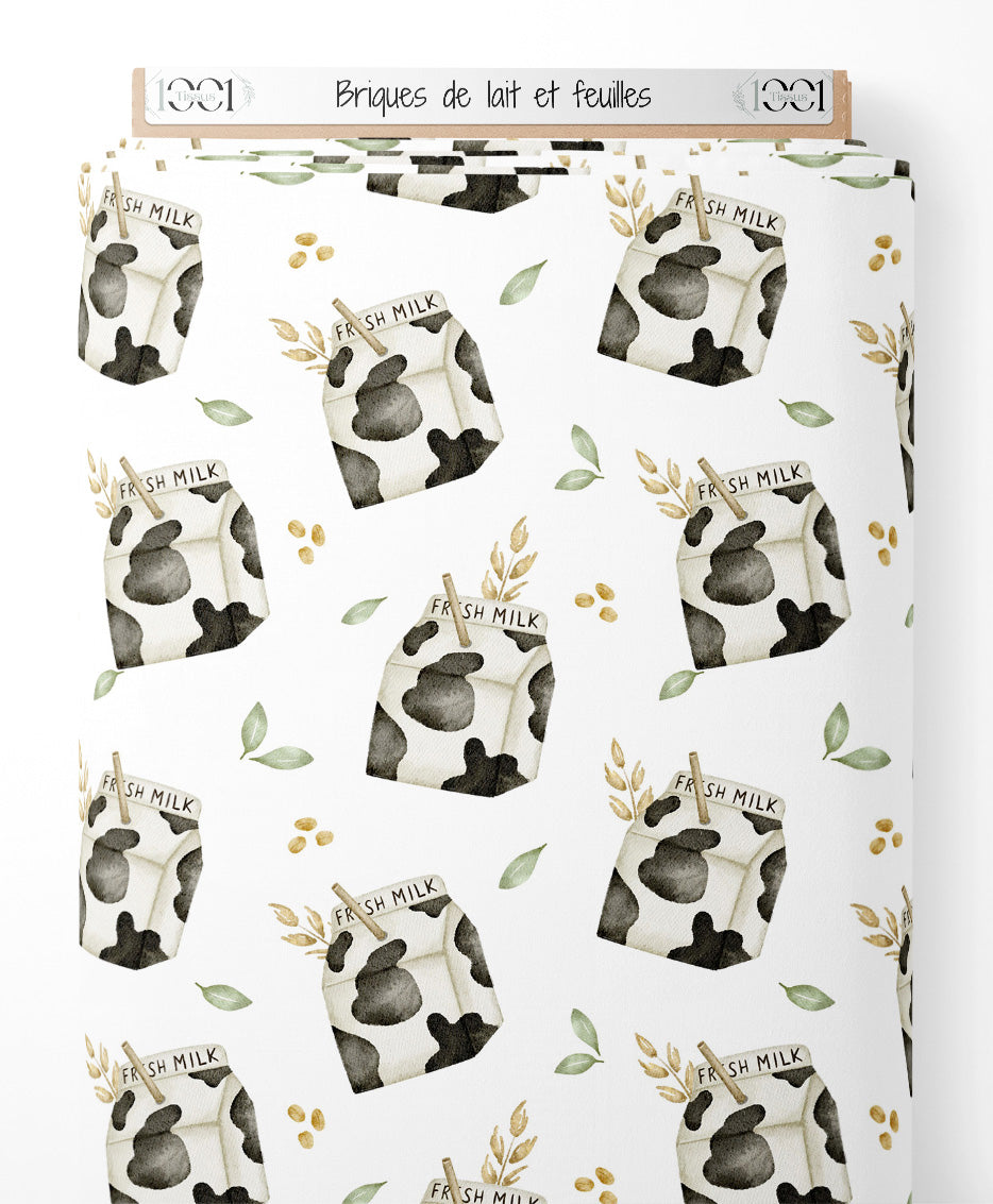 Tissu - Briques de lait et feuilles