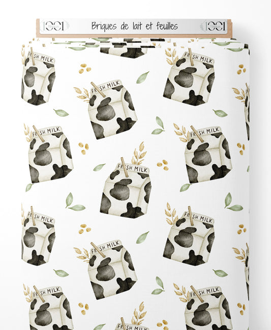 Tissu - Briques de lait et feuilles