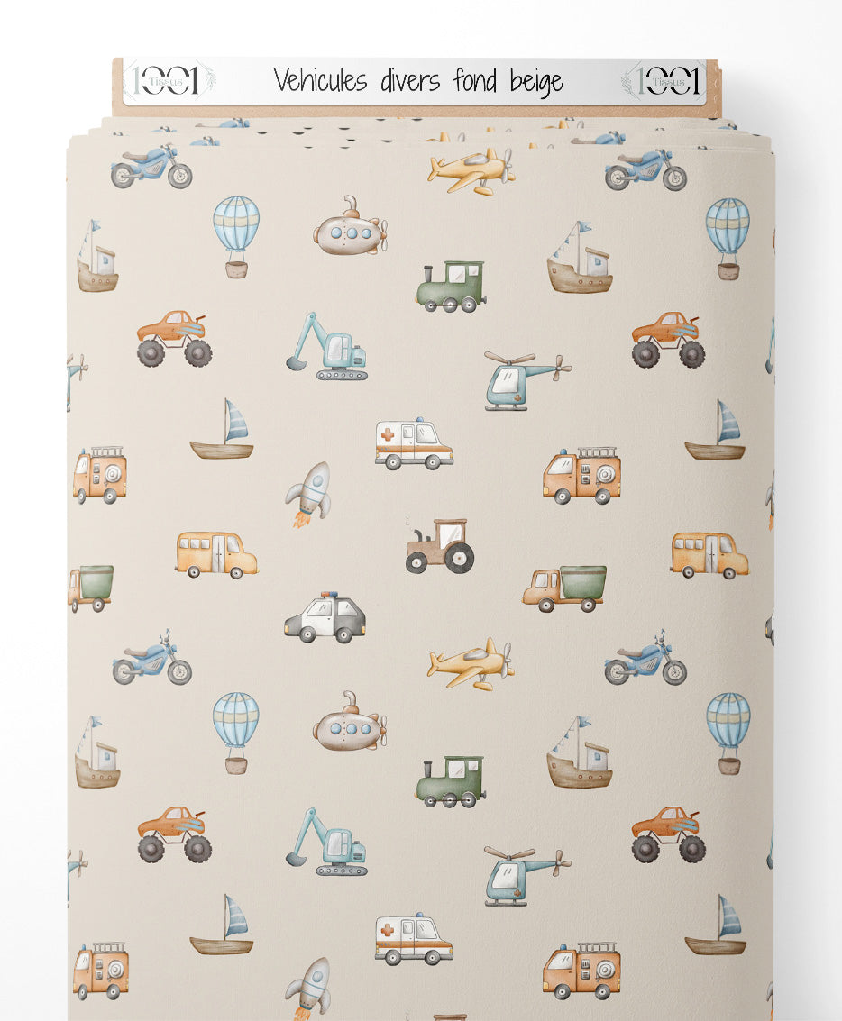 Tissu - Véhicules divers sur fond beige