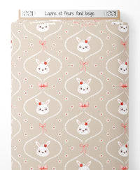 Tissu - Lapins et fleurs sur fond beige