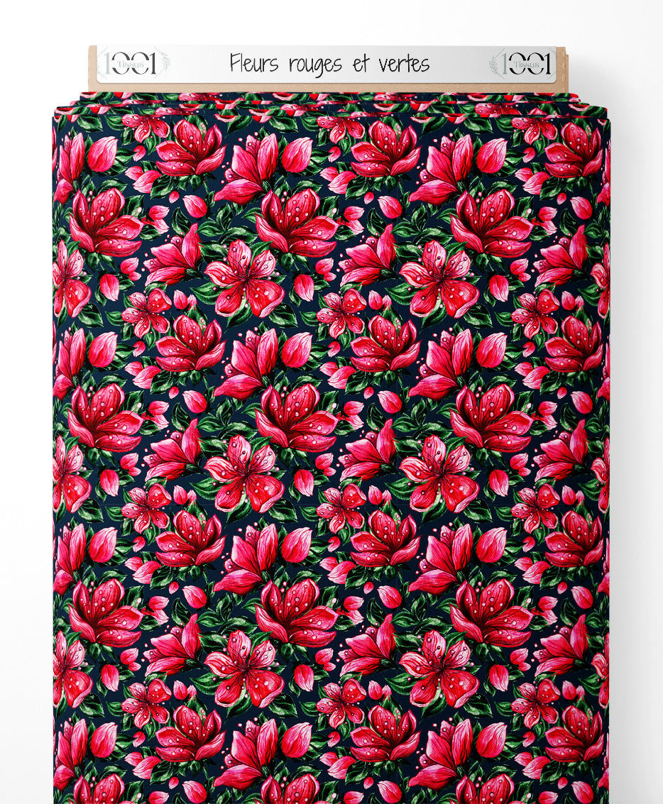 Tissu - Fleurs rouges et vertes