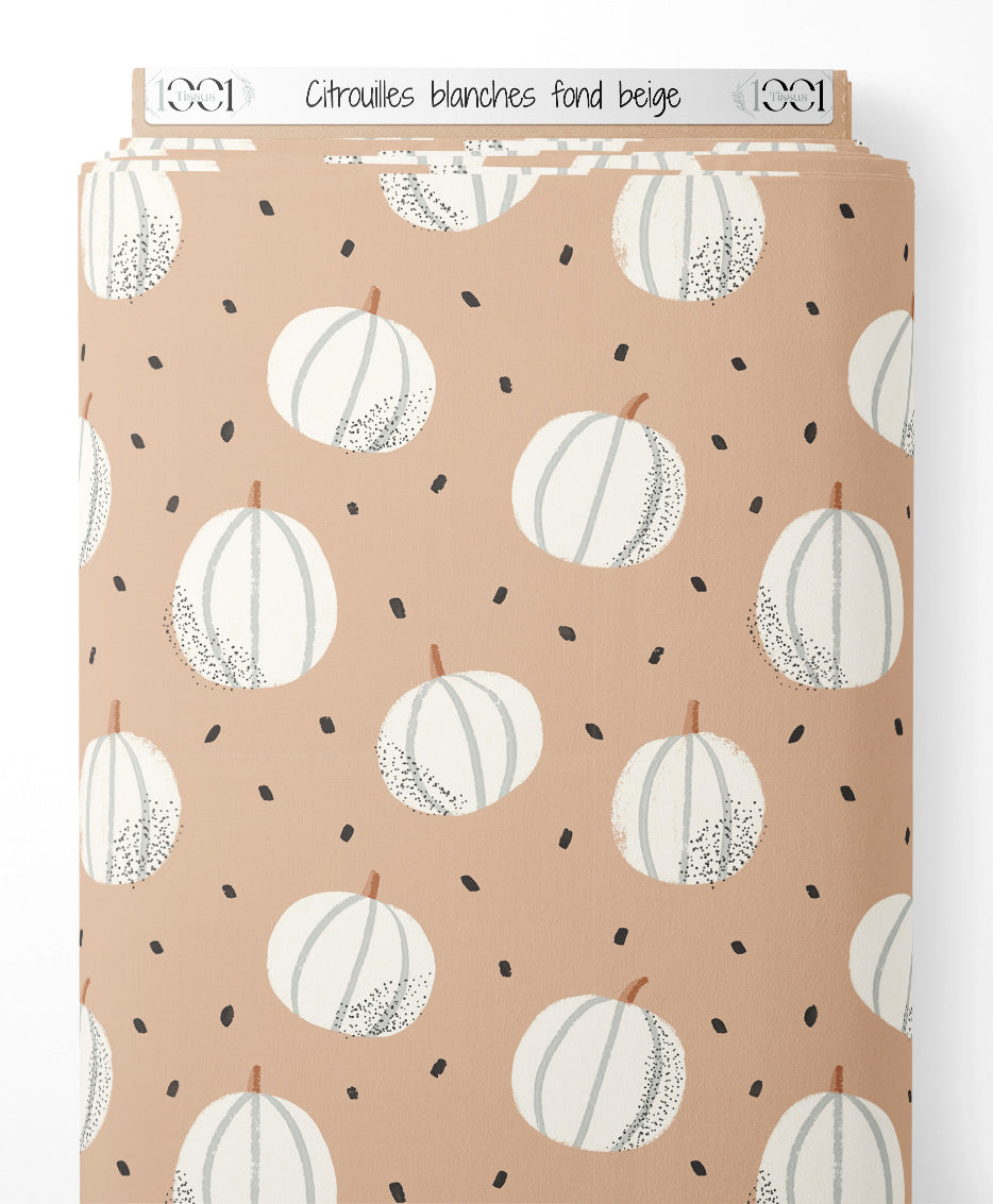 Tissu - Citrouilles blanches sur fond beige