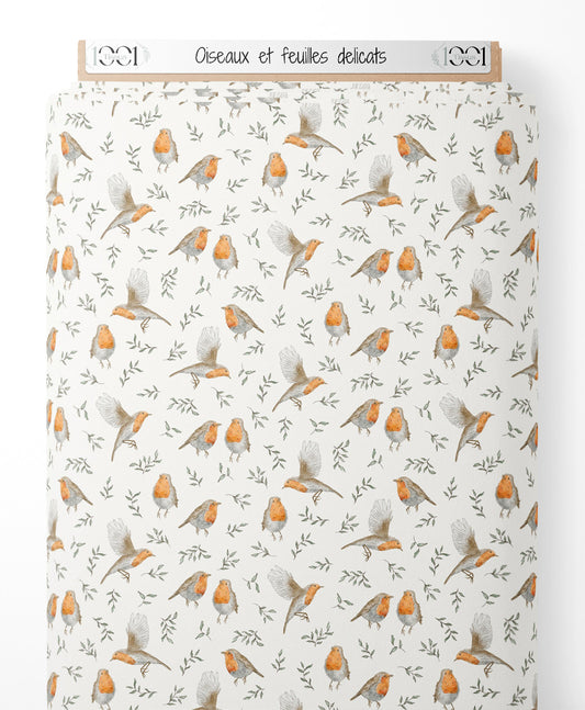 Tissu - Oiseaux et feuilles délicats
