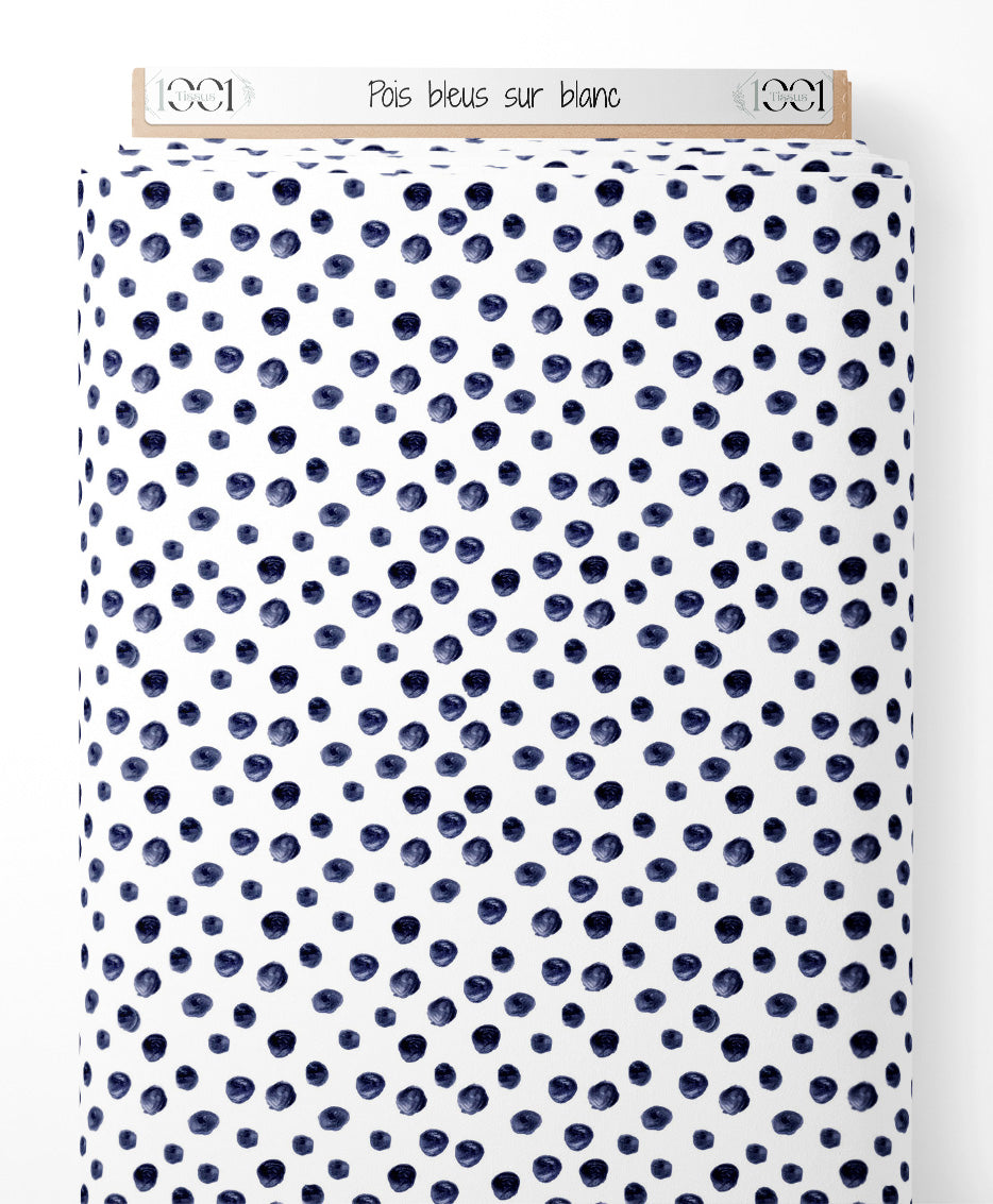 Tissu - Pois bleus sur blanc
