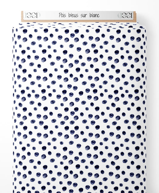 Tissu - Pois bleus sur blanc
