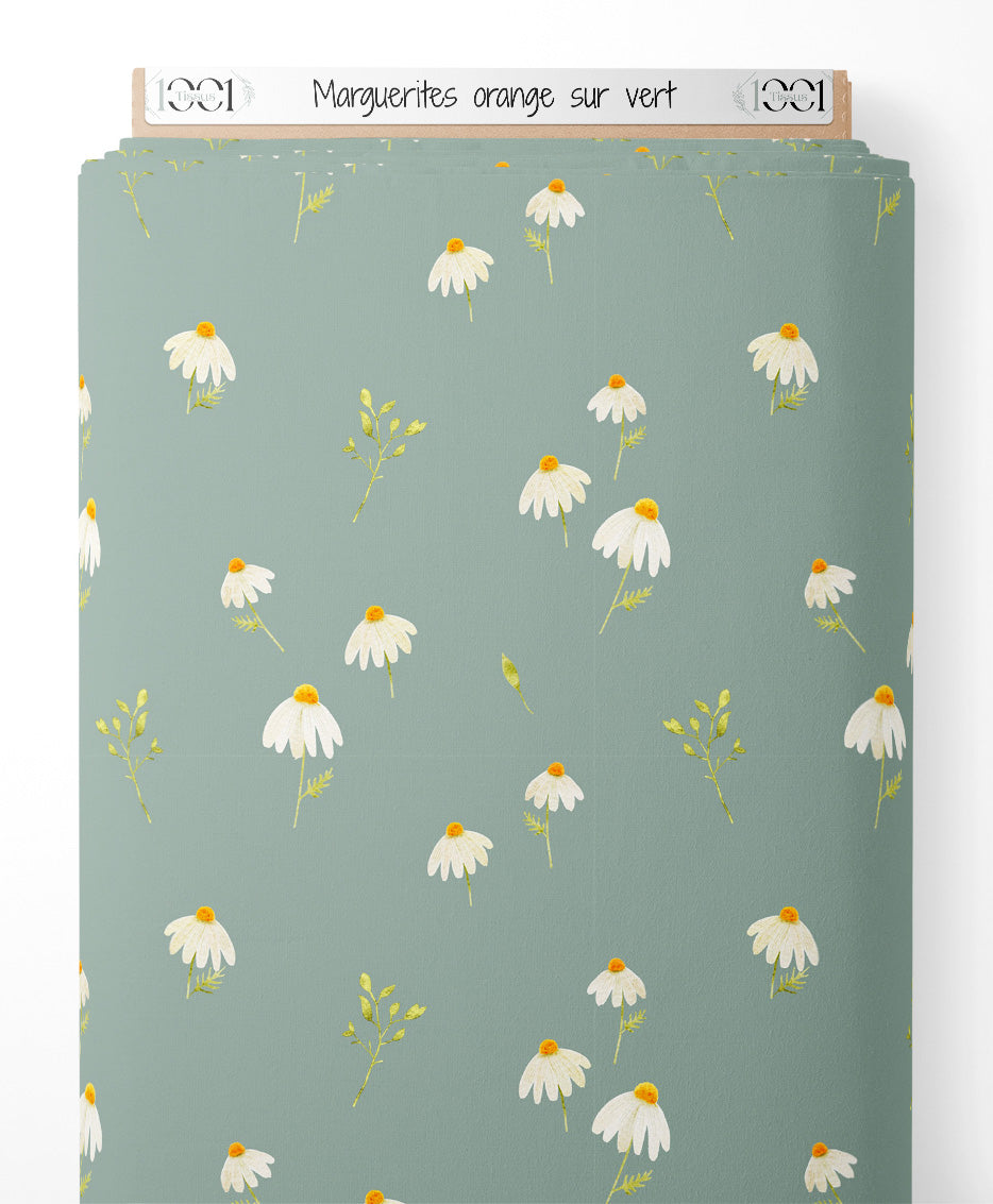 Tissu - Marguerites orange sur vert