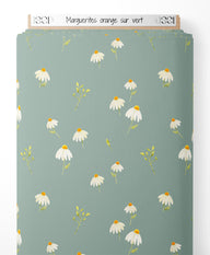 Tissu - Marguerites orange sur vert