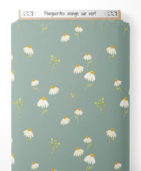 Tissu - Marguerites orange sur vert