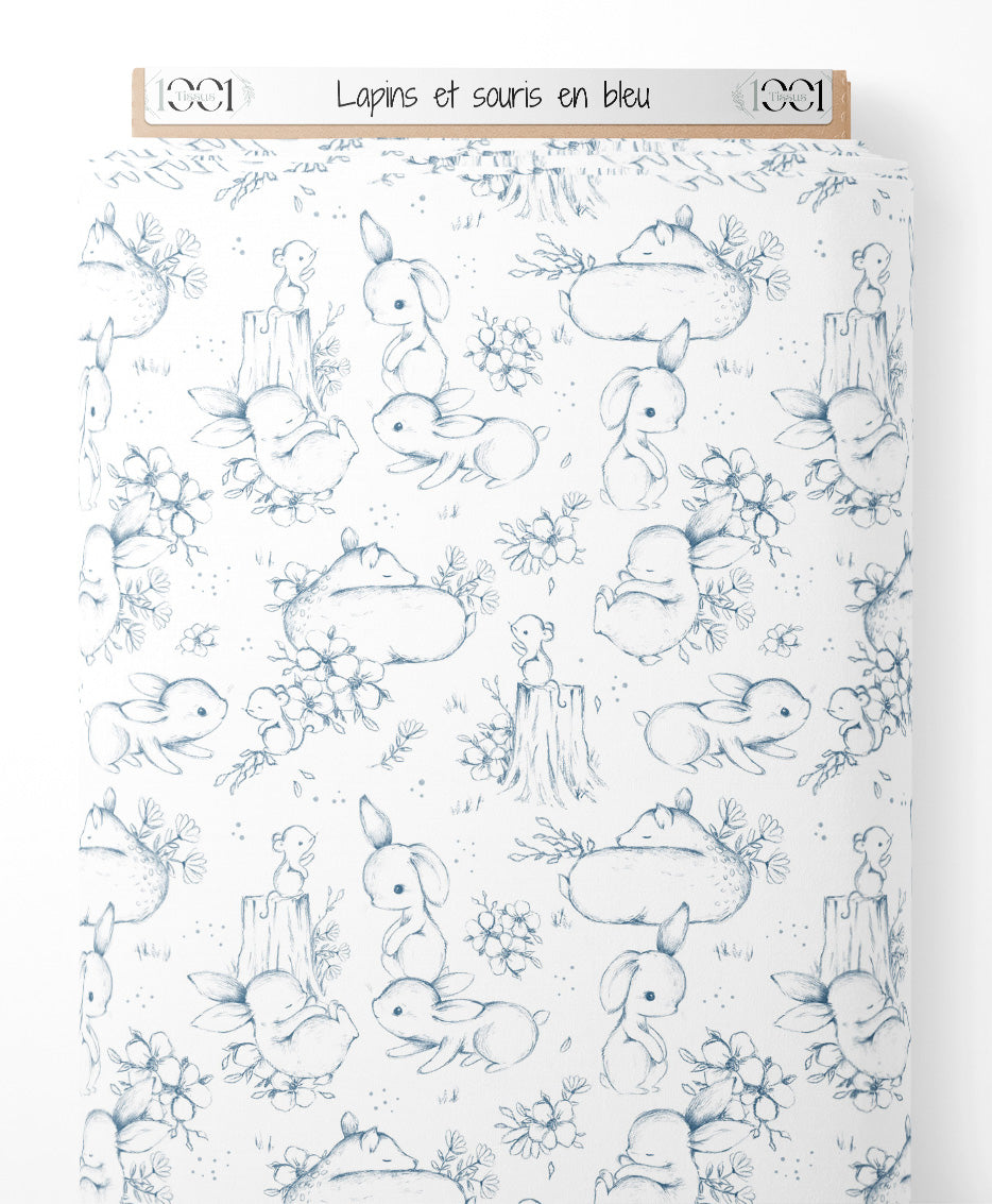 Tissu - Lapins et souris en bleu