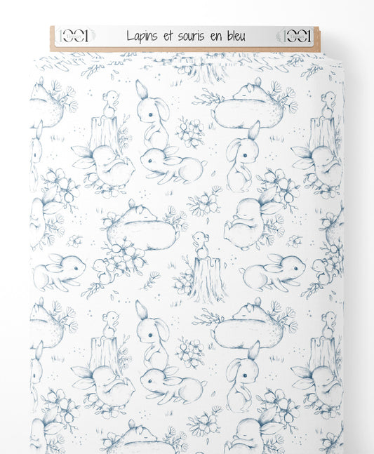 Tissu - Lapins et souris en bleu
