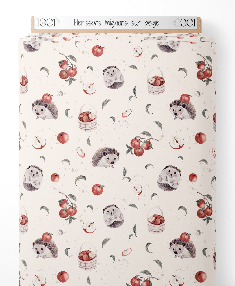 Tissu - Hérissons mignons sur beige