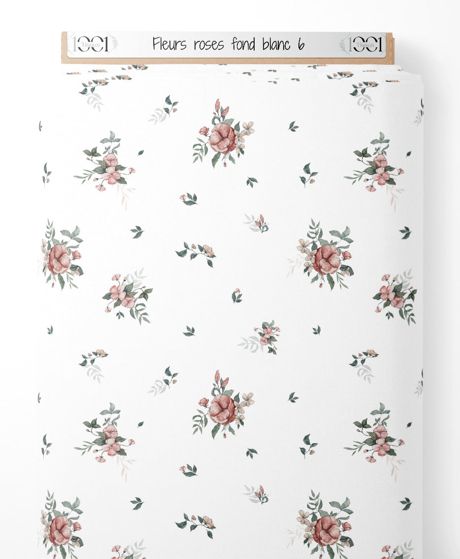 Tissu - Fleurs roses sur fond blanc 6