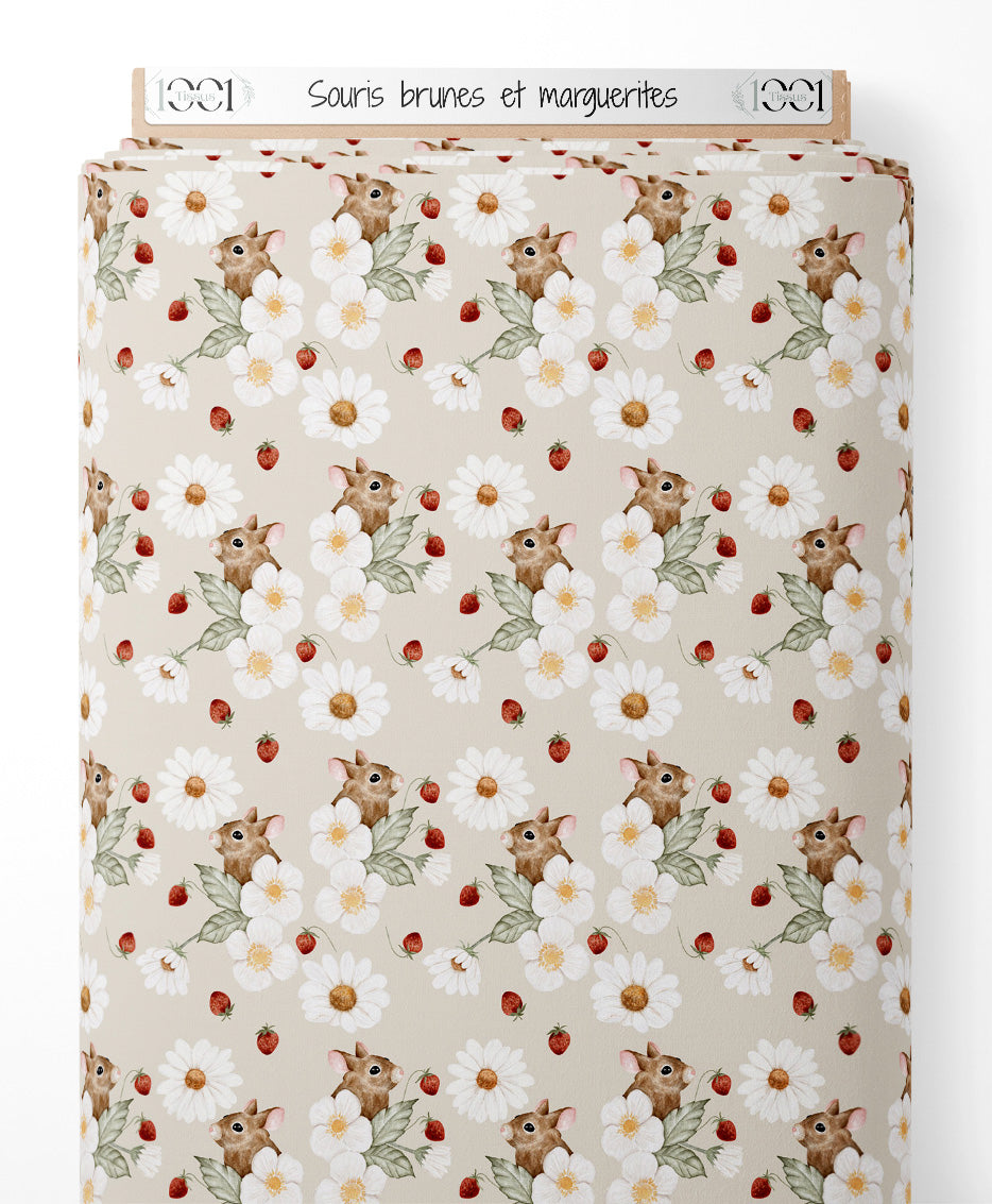 Tissu - Souris brunes et marguerites