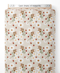 Tissu - Souris brunes et marguerites
