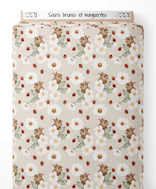 Tissu - Souris brunes et marguerites