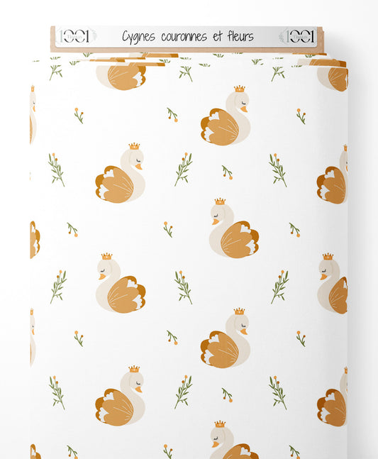 Tissu - Cygnes couronnés et fleurs