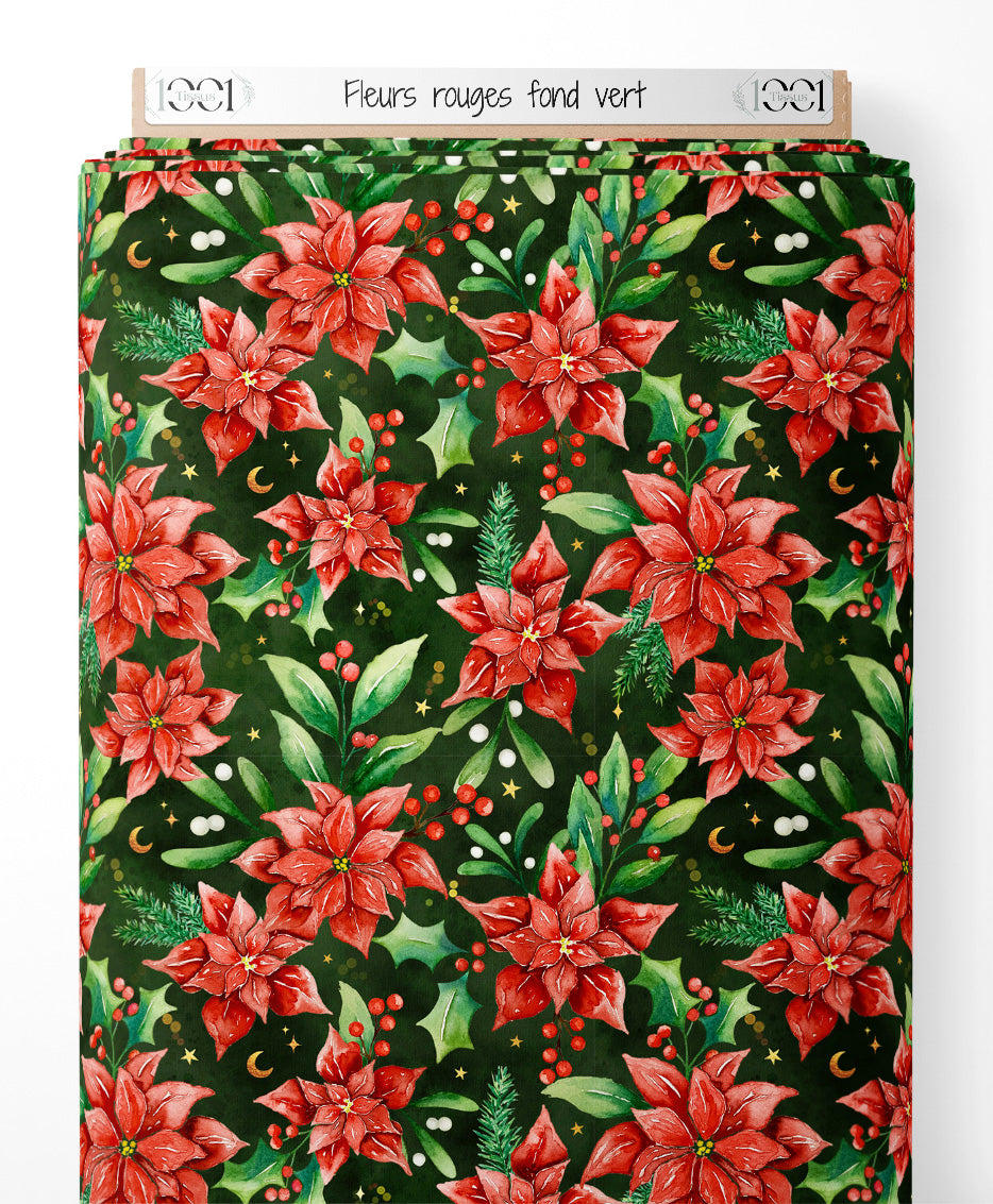 Tissu - Fleurs rouges sur fond vert