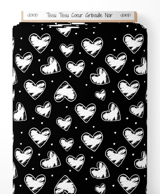 Tissu - Tissu Coeur Gribouille Noir