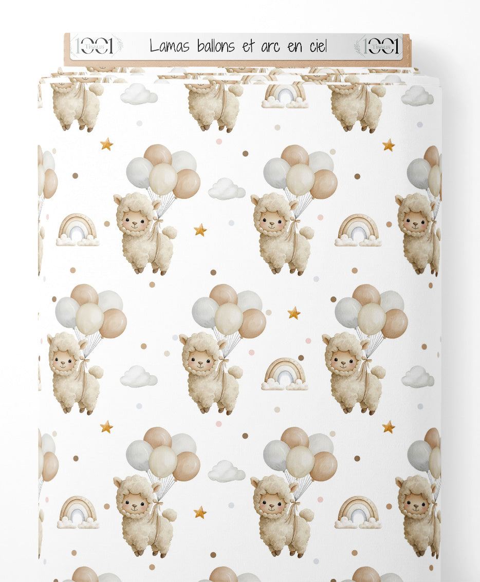 Tissu - Lamas ballons et arc-en-ciel