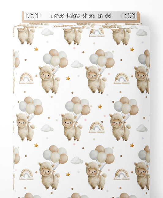Tissu - Lamas ballons et arc-en-ciel