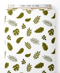 Tissu - Feuilles vertes sur blanc