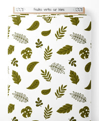 Tissu - Feuilles vertes sur blanc
