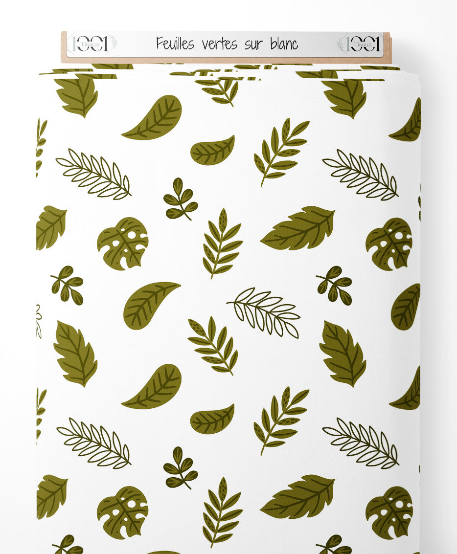 Tissu - Feuilles vertes sur blanc