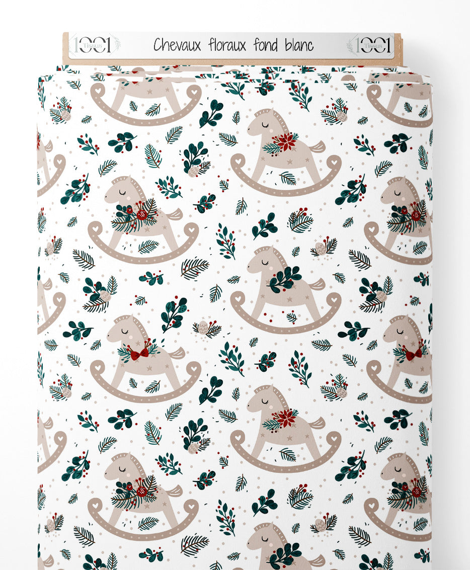 Tissu - Chevaux floraux sur fond blanc