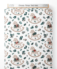Tissu - Chevaux floraux sur fond blanc