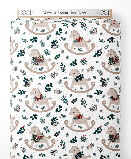 Tissu - Chevaux floraux sur fond blanc