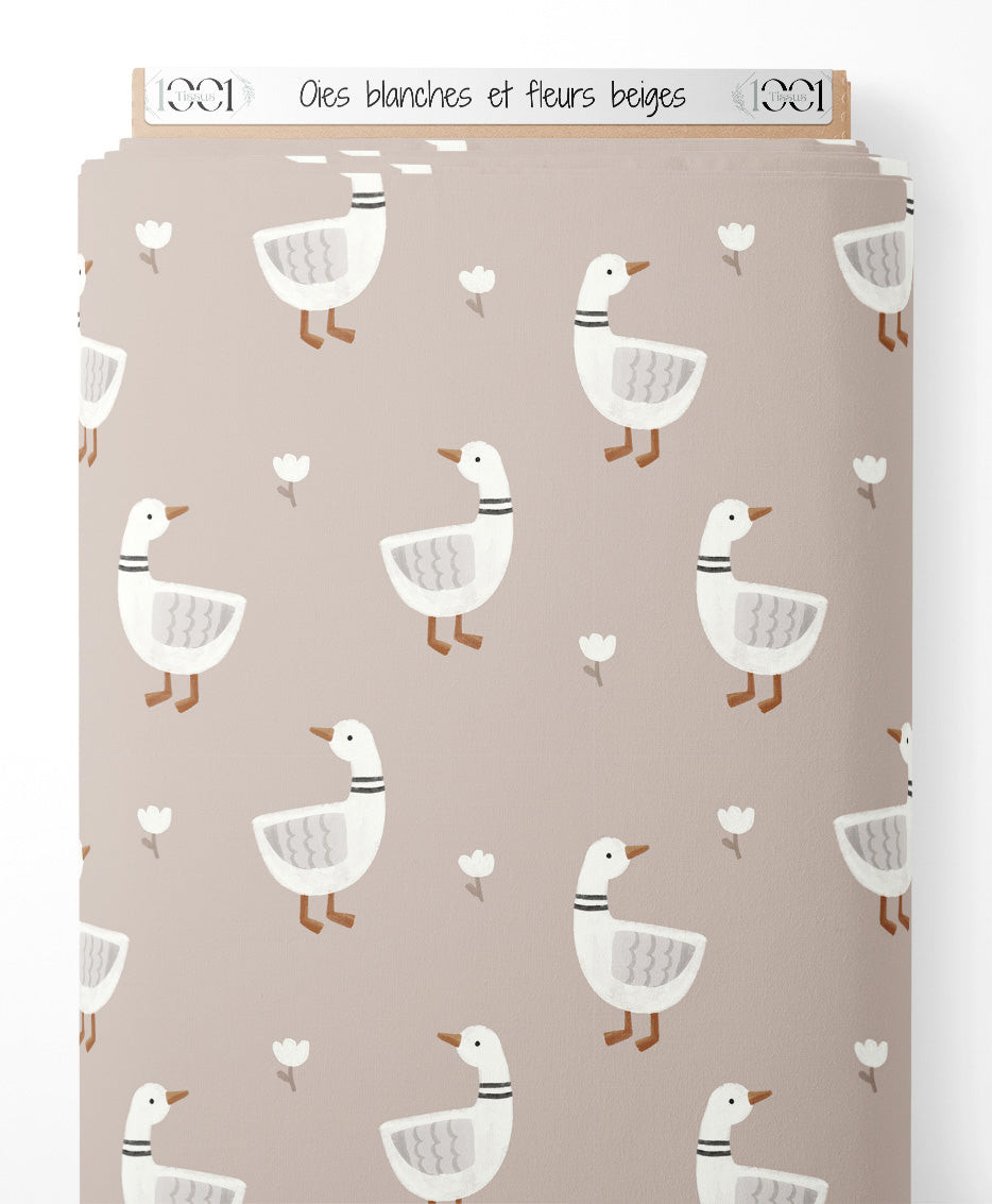 Tissu - Oies blanches et fleurs beiges