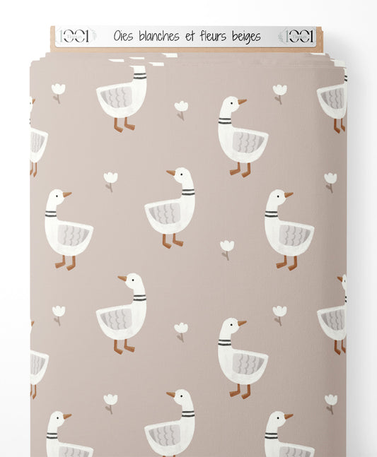 Tissu - Oies blanches et fleurs beiges