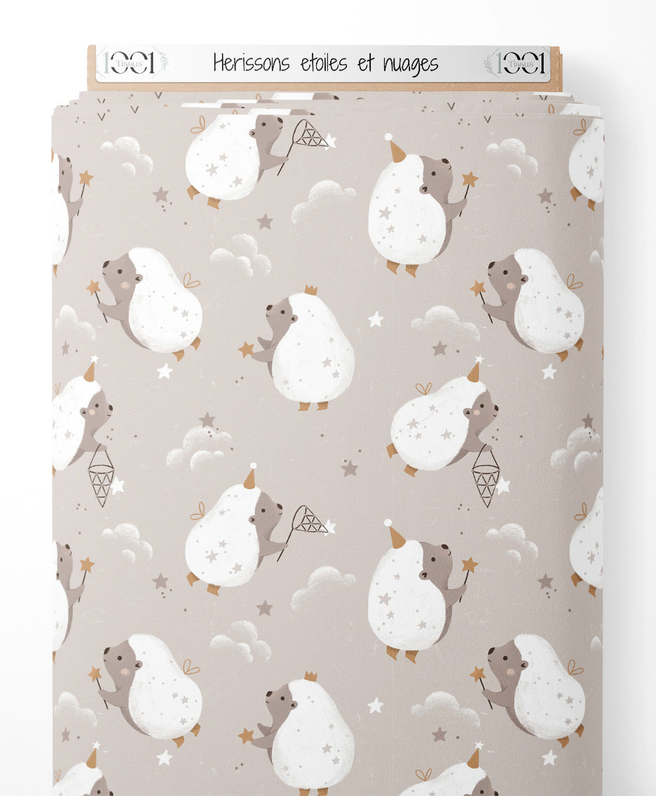 Tissu - Hérissons étoiles et nuages