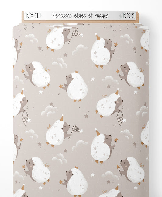 Tissu - Hérissons étoiles et nuages