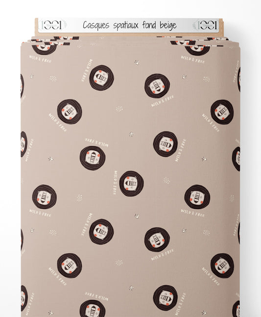 Tissu - Casques spatiaux sur fond beige