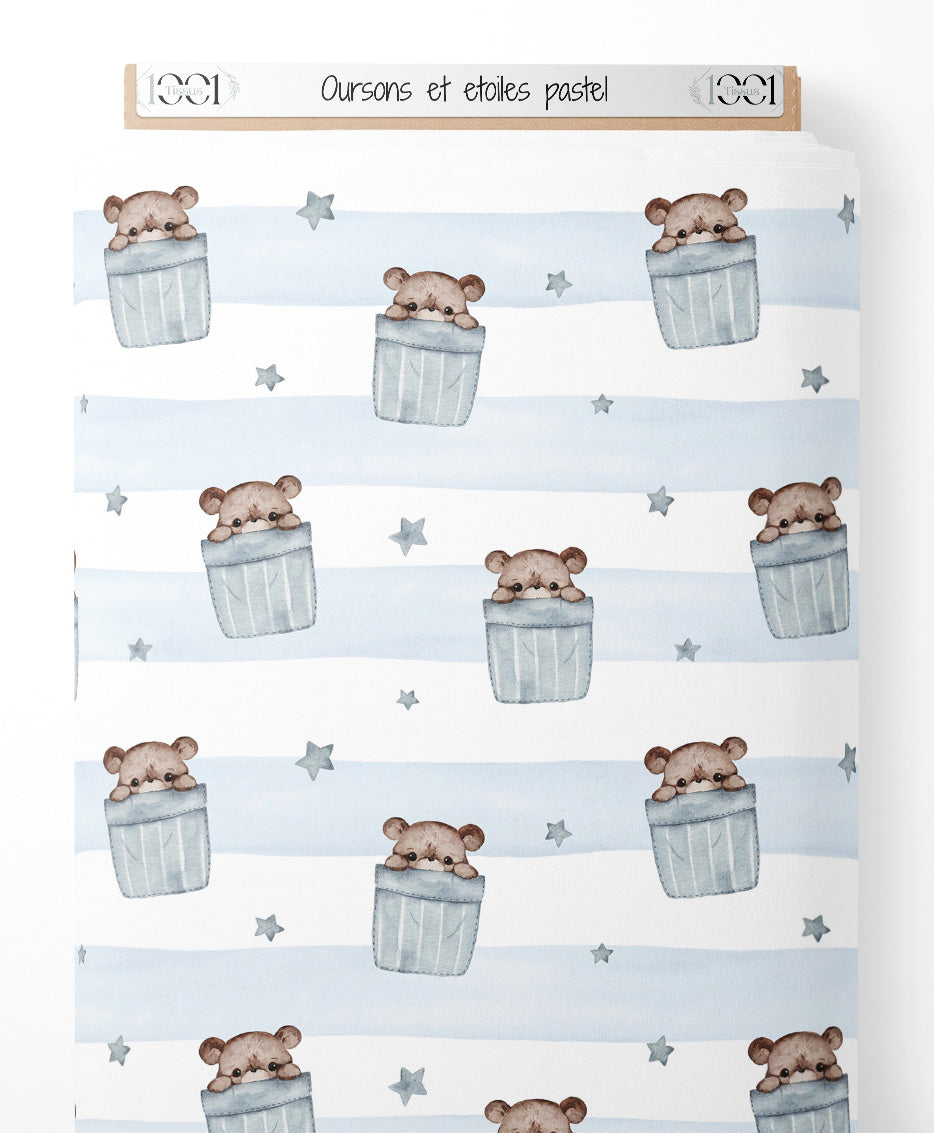 Tissu - Oursons et étoiles pastel
