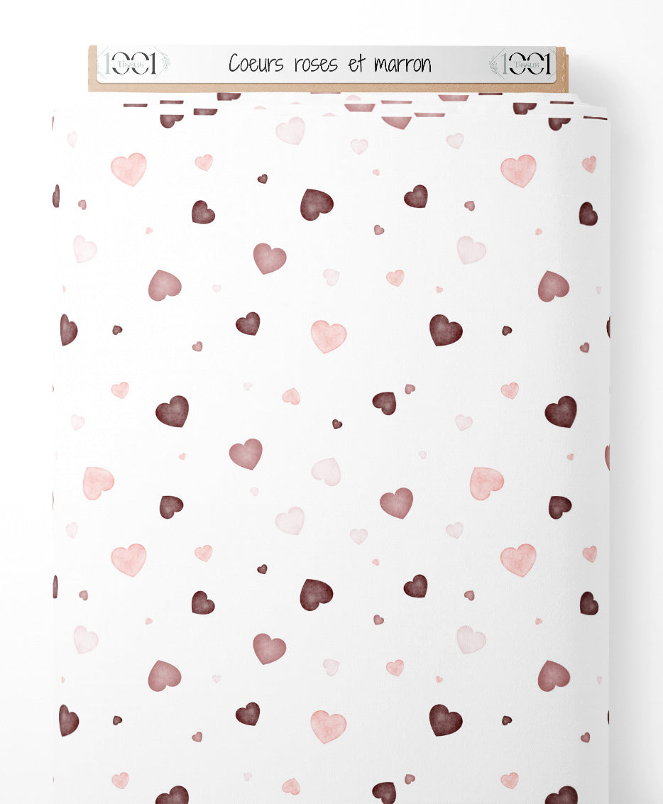 Tissu - Cœurs roses et marron
