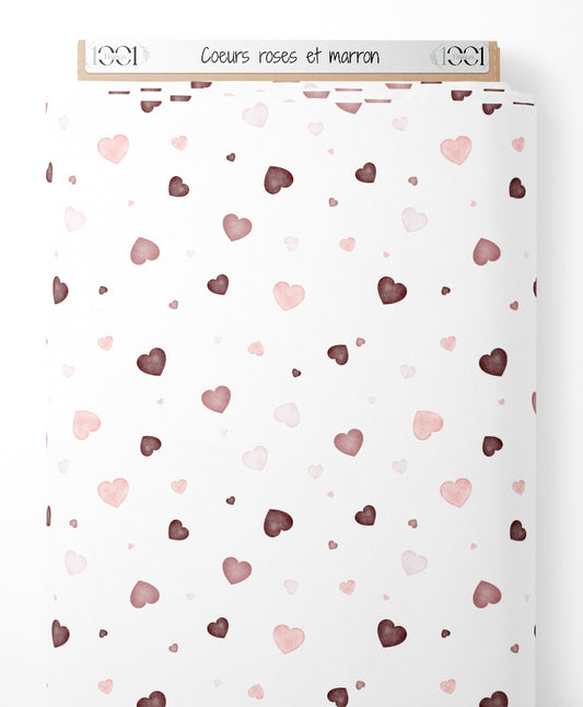 Tissu - Cœurs roses et marron