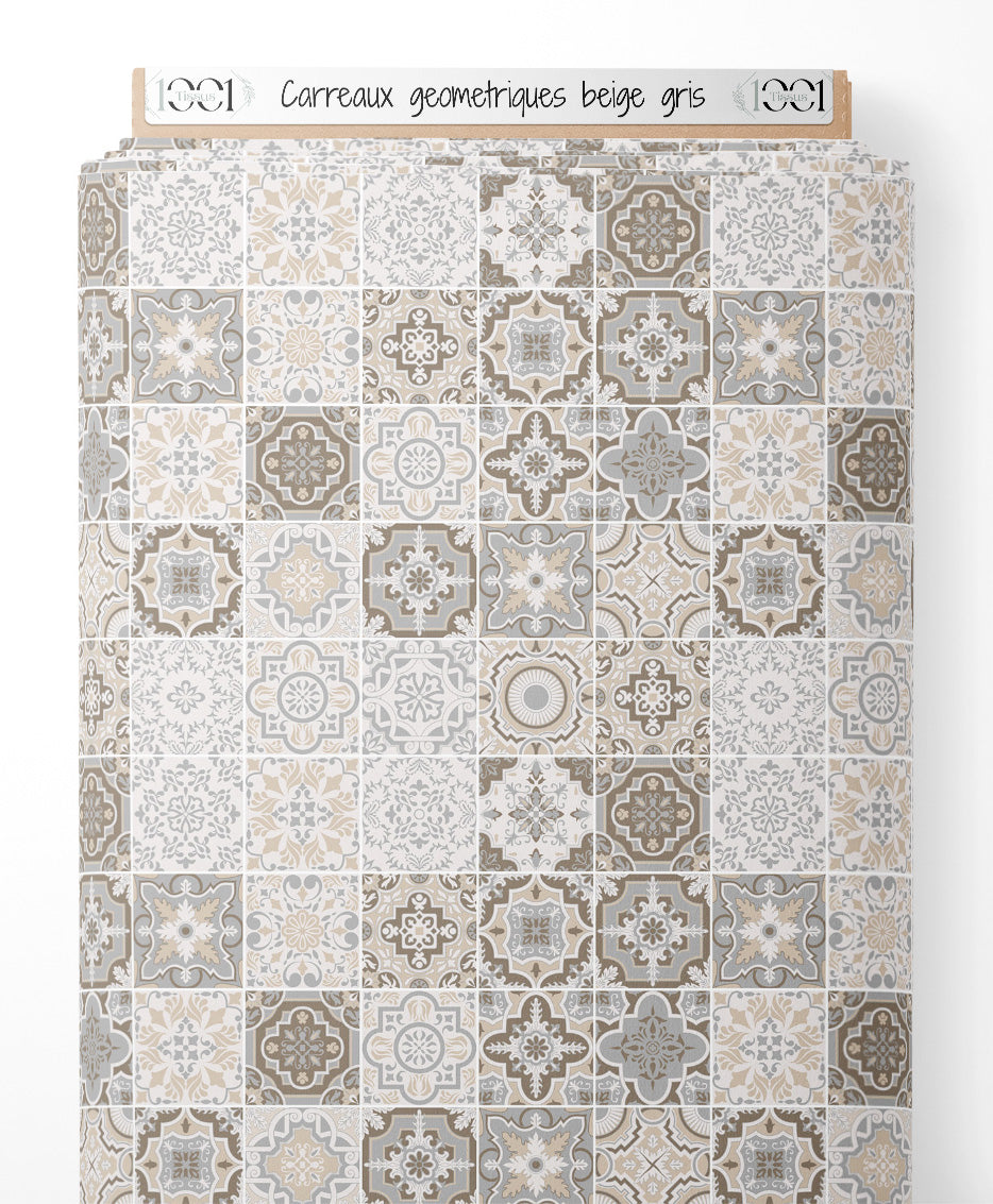 Tissu - Carreaux géométriques beige gris