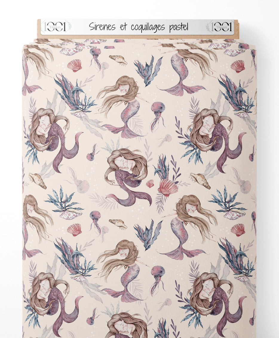 Tissu - Sirènes et coquillages pastel