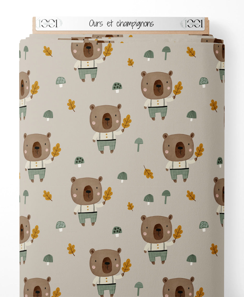 Tissu - Ours et champignons