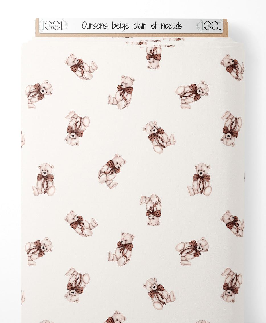 Tissu - Oursons beige clair et nœuds