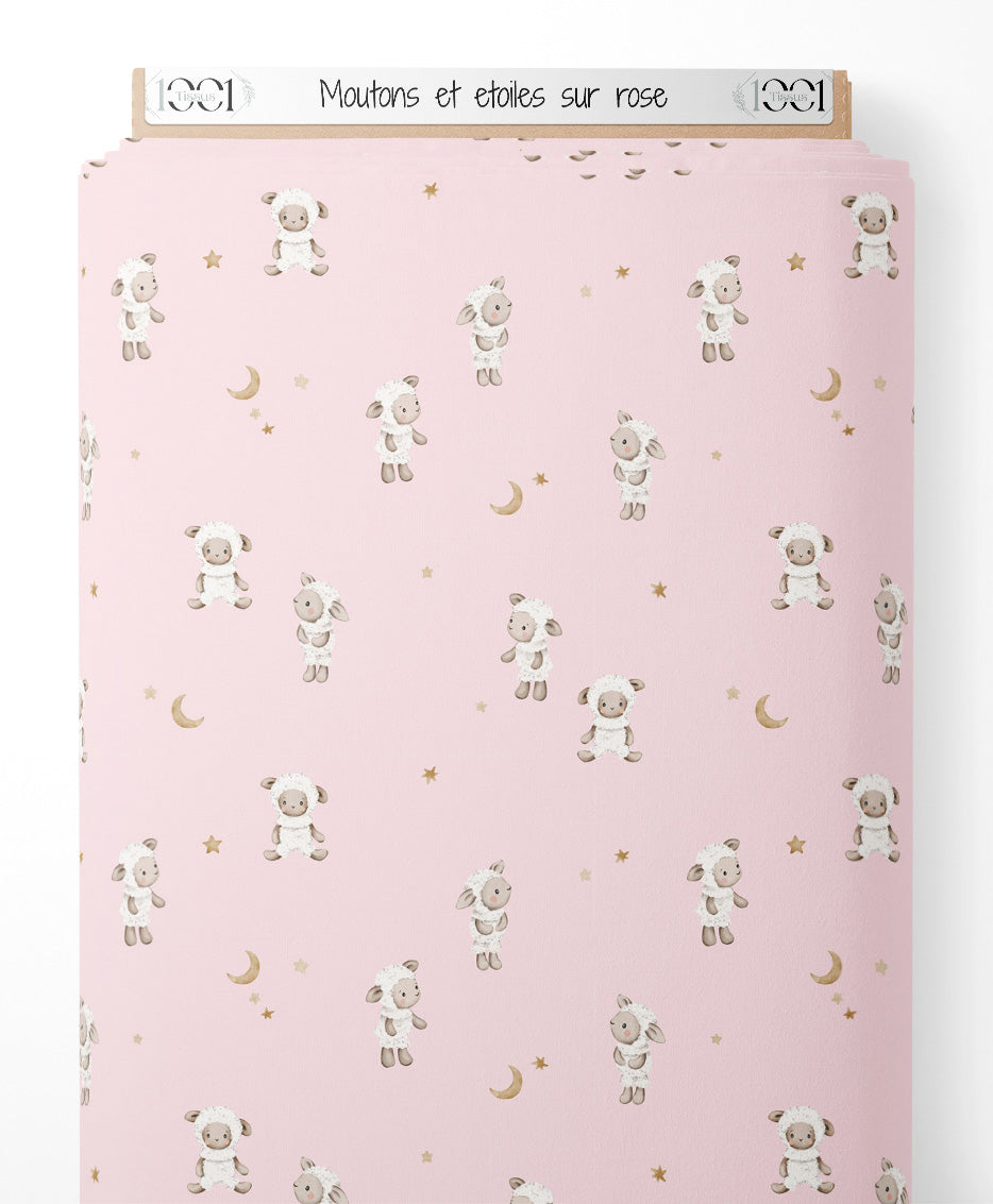 Tissu - Moutons et étoiles sur rose