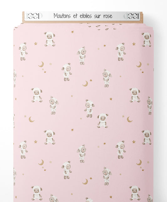 Tissu - Moutons et étoiles sur rose
